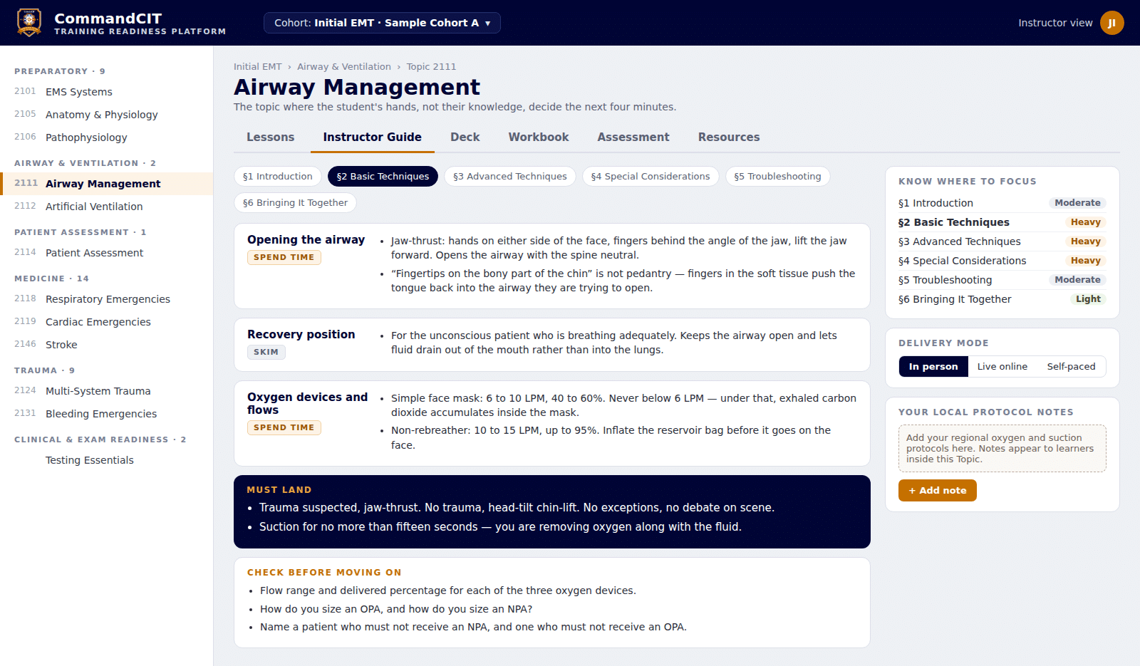 CommandCIT instructor view of the Airway Management Topic with its instructor guide open